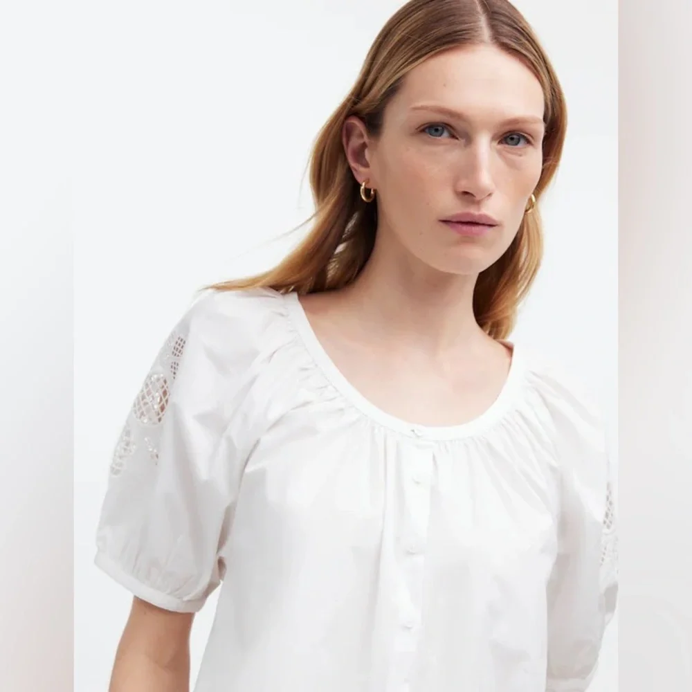 Madewell Embroidered Puff-Sleeve A-Line Top | White | Size L